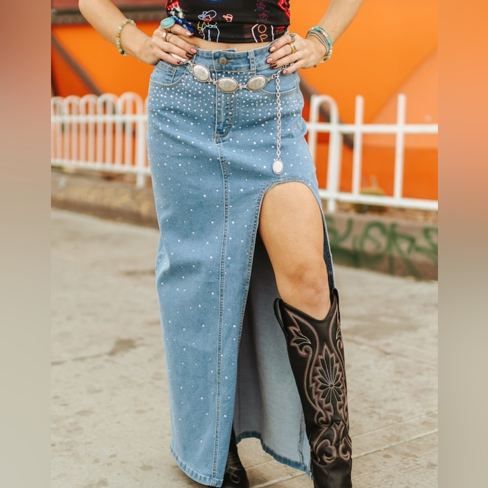 DENIM STRETCH RHINESTONE MAXI SKIRT